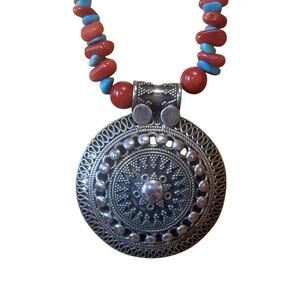 Sterling Silver Bali Style Pendant, Turquoise & Red Coral Stone Necklace by SI